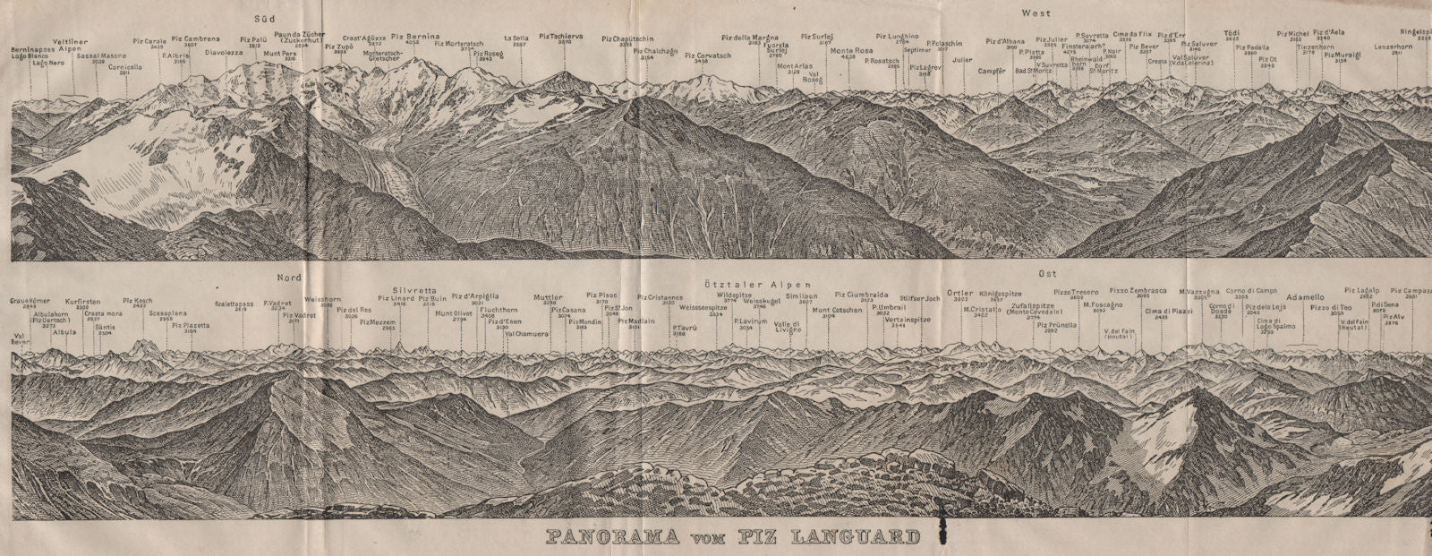 PIZ LANGUARD PANORAMA. Bernina Roseg Monte Rosa Mont Blanc Cristallo 1911 map